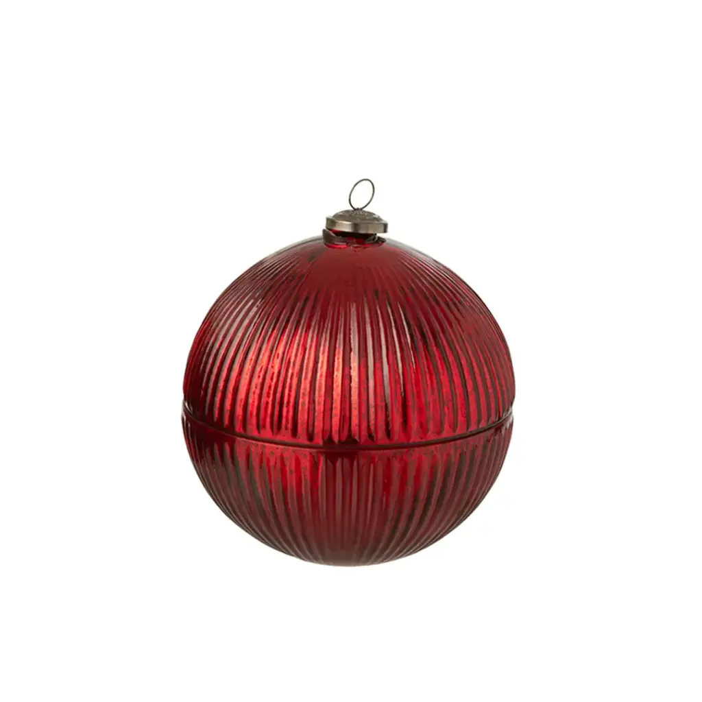 Bougie boule Noël verre rouge striée